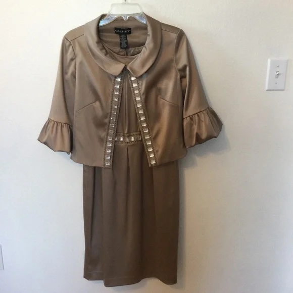 Cachet Beautiful Camel Mother of The Bride Party Holiday Jacket Dress Size 8 - Picture 2 of 9